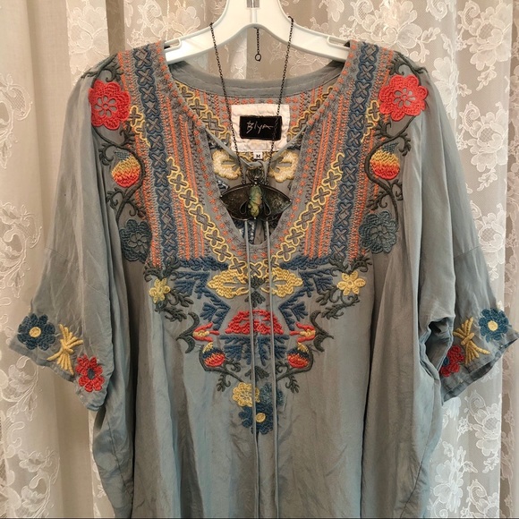 JOHNNY WAS * 3J BIYA Slate Blue Embroidered Top - Picture 3 of 12